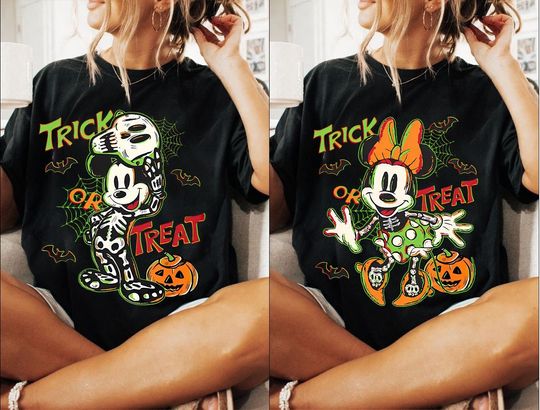 Discover Retro Mickeyy and Minniee Halloween Trick Or Treat Shirt, Mickeyy Skeleton Halloween Shirt Disneyyy Halloween Party Tee, Halloween Matching Shirt