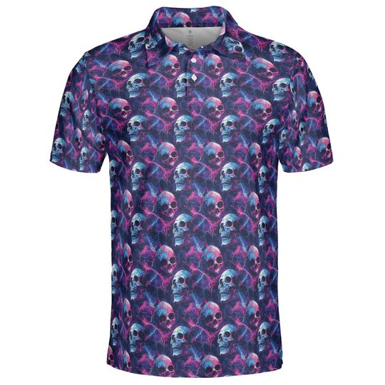 Discover Electric Neon Cosmic Skull Print Halloween Polo Shirt