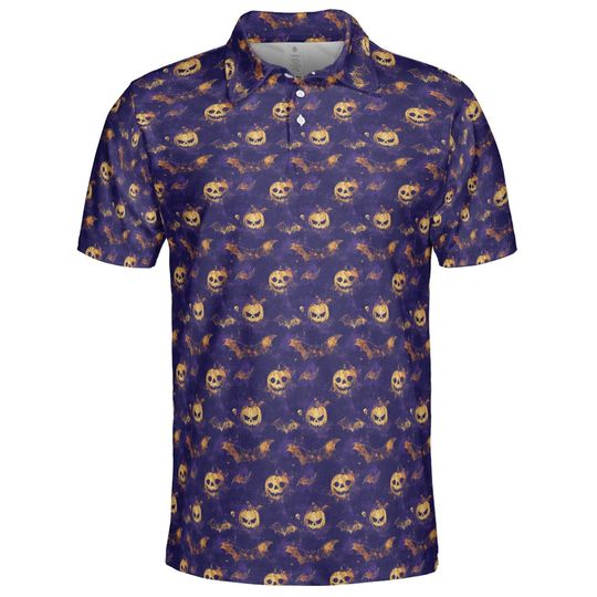 Discover Jack O Lantern Bat Polo Shirt for Men Halloween Pumpkin Funny Spooky Moisture Wicking Golf Top