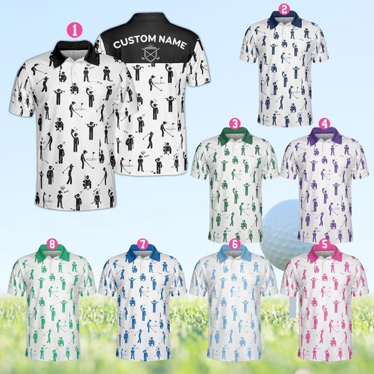 Discover Personalized Golf Polo Shirt, Custom Name Golf Polo Shirt For Golfer, Funny Stick Figures Playing Golf Polo Shirt, Matching Golf Team Shirt