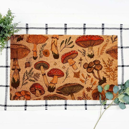 Discover Mushroom Doormat, Fall Cottagecore Decor, Botanical Entry Rug, Aesthetic Autumn Welcome Mat, Cozy Fungi Porch Decor Gift, Fall Coir Mat