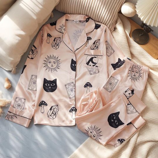 Discover Mystic Satin Pajamas Set, Halloween Pajamas, Witchy Satin Sleepwear, Astrology Moon Sun Black Cat Tarot Pajamas, Family Halloween Pyjamas