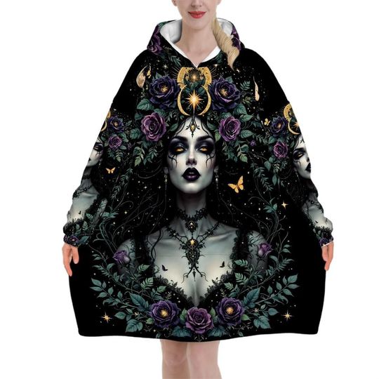 Discover Gothic Goddess Blanket Hoodie with Medusa Design, Black Witchy Wildflower Hooded Jumper