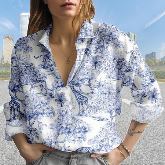 Discover Wild Animal Toile De Jouy Style Blouse Shirt, French Pattern Long Sleeve Shirt