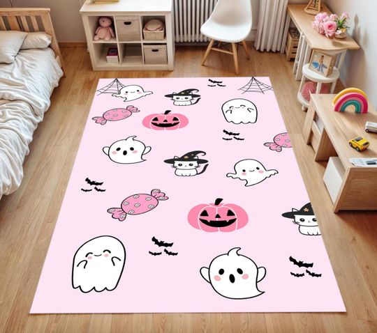 Discover Pink Halloween Kids Room Rug - Cute Ghost Pumpkin