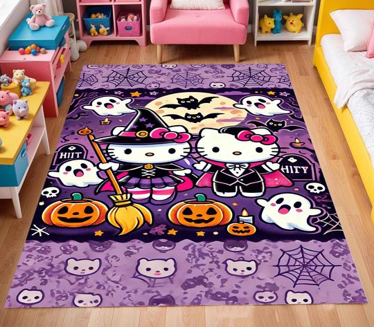 Discover Hello Kitty Halloween Rug - Cute Witch & Vampire with Pumpkins, Ghosts and Bats -Washable Non Slip Kids Room Carpet, Playroom or Nursery Mat