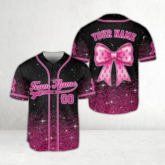 Discover Pink Glitter Breast Cancer Awareness Baseball Jersey, Custom Name Coquette Pink Ribbon
