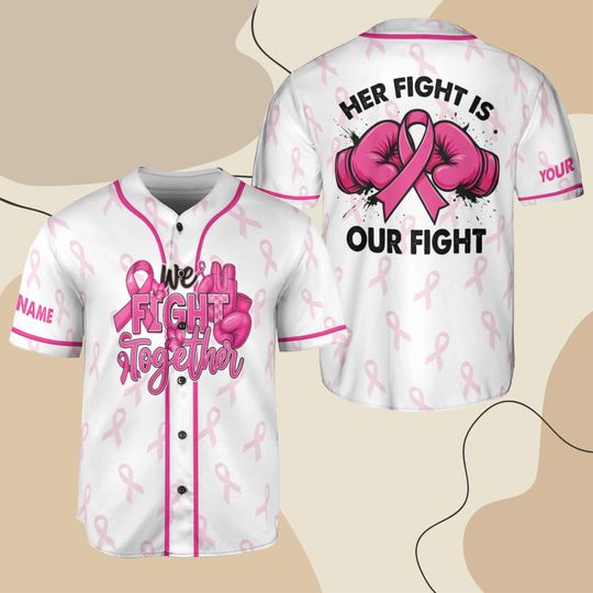 Discover Breast Cancer Awareness Baseball Jersey  Custom Name | White Pink Ribbon Gloves