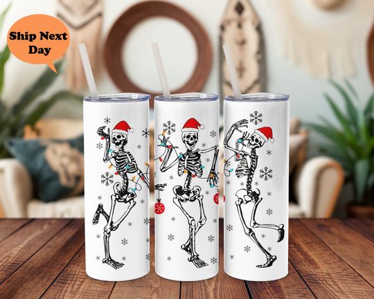 Discover Christmas Dancing Skeleton Tumbler, Holiday Skeleton Mug, Xmas Gift Drinkware