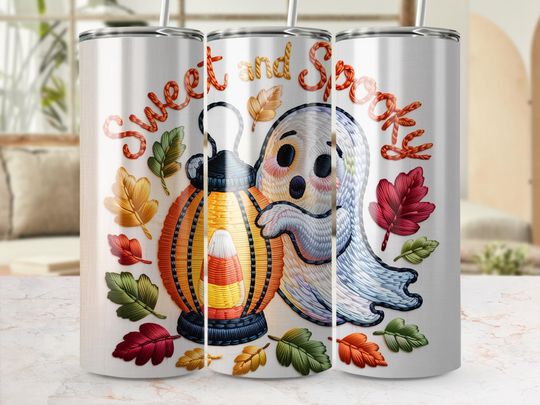 Discover Sweet and Spooky Embroidery Ghost PNG, Halloween Tumbler Wrap Design, Cute Ghost Lantern Fall Leaves Tumbler Image, Sublimation Design