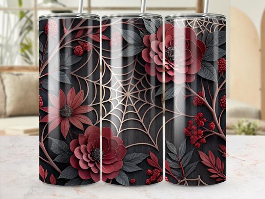 Discover Floral Spiderweb Seamless Tumbler Wrap PNG, 3D Fall Tumbler Design, Halloween Tumbler Sublimation, Straight and Tapered Tumbler File