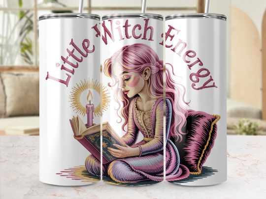 Discover Little Witch Energy Embroidery Look PNG Tumbler Wrap, Reading Witch, Magical Girl, Embroidery Design, Cute, Halloween, Fall Tumbler Wrap