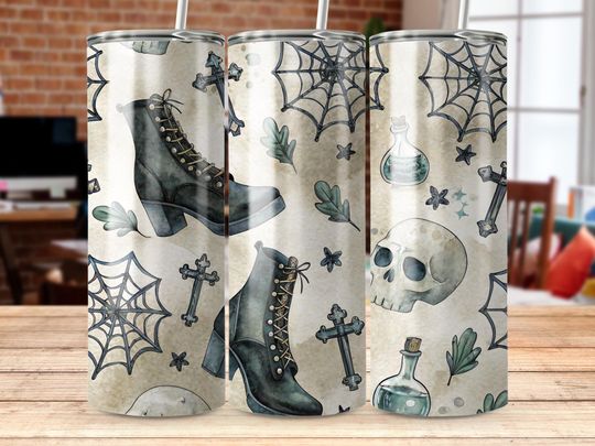 Discover Glam Gothic Tumbler, Halloween Boots Skulls Spiderwebs Design