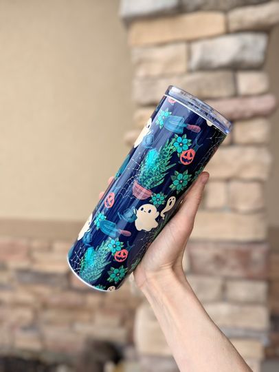 Discover Ghost Tumbler | Plant Tumbler | Cute Spooky Tumbler | Dark Blue Pattern Halloween Tumbler