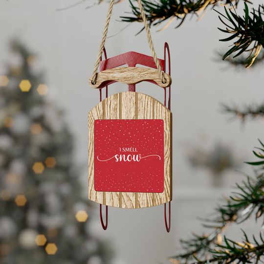 Discover Sled Ornament with "I Smell Snow" Design, Winter Decor