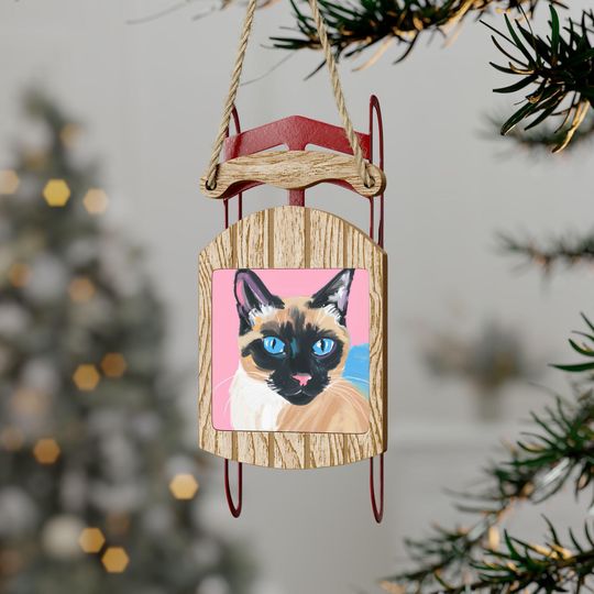 Discover Oil Paint Art, Siamese Winter Sled Ornament, Holiday Decor, Cat Lover Gift