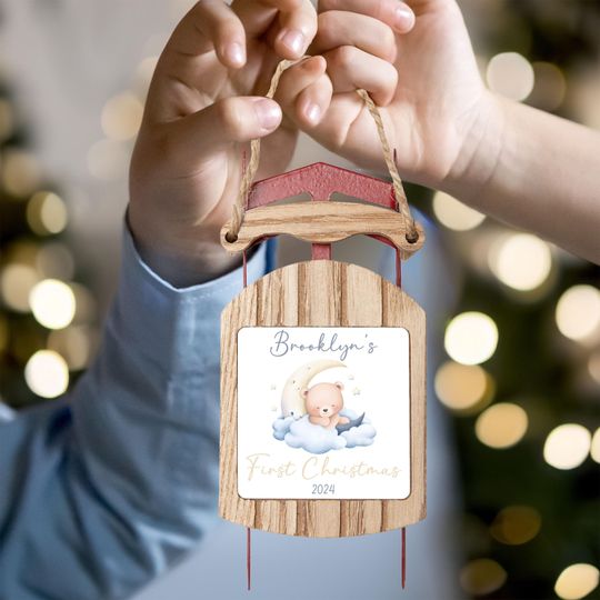 Discover Personalized Baby 1st Christmas Sled Ornament, Custom Baby Shower Gift