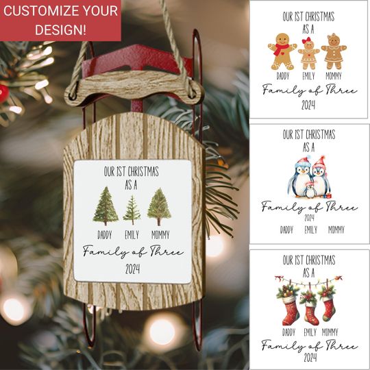 Discover Family of Three Christmas Sled Ornament, Custom Family of 3 Sled Ornament