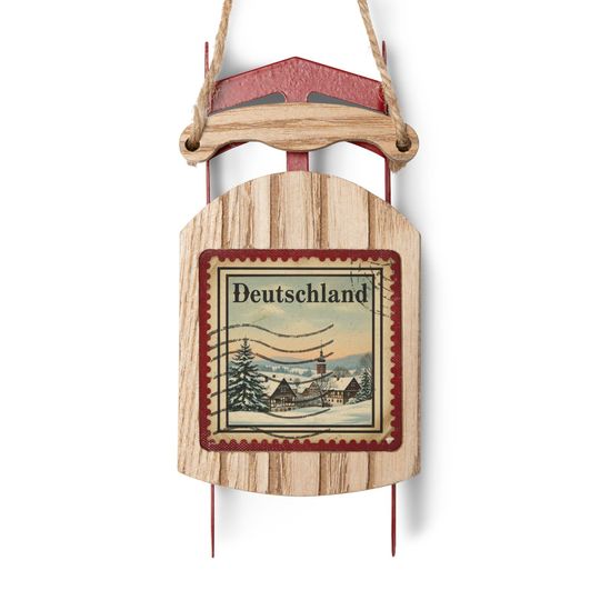 Discover Deutschland Vintage Stamp - Rustic Sled Ornament - Germany Winter Scene - Christmas Decor - Holiday Gift - Nostalgic Winter Keepsake