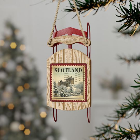 Discover Scotland Vintage Stamp - Rustic Sled Ornament - Castle Winter Scene - Christmas Decor - Holiday Gift -Nostalgic Winter Keepsake
