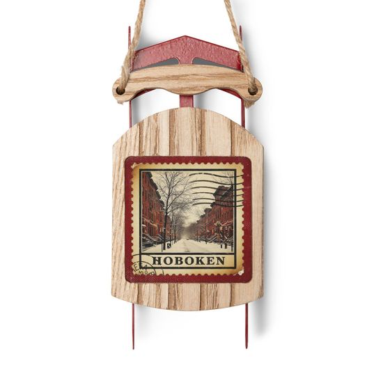 Discover Hoboken NJ Vintage Stamp - Rustic Sled Ornament - Winter Street Scene - Christmas Decor - Holiday Gift -Nostalgic Winter Keepsake