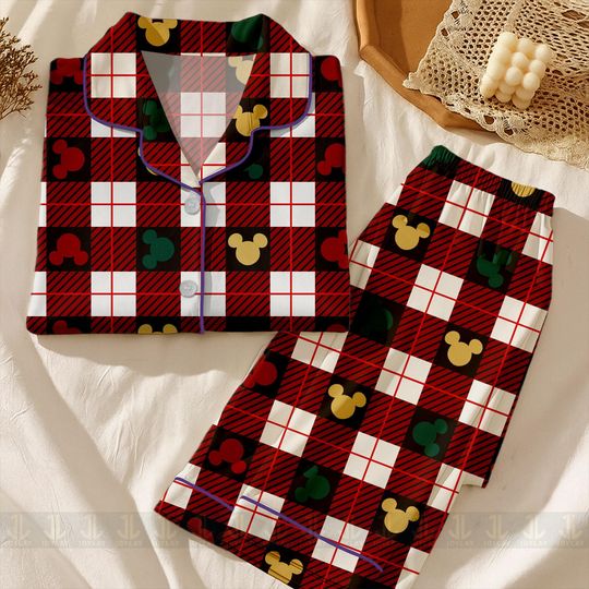 Discover Mickeyy Green Red Plaid Christmas Unisex  Satin Pajamas Set, Disneyyy Christmas Shirt, Long Sleeve And Short Styles