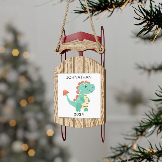 Discover Dinosaur Ornament,Personalized Keepsake Gift ,Sled Christmas Ornament,Rustic Ornament