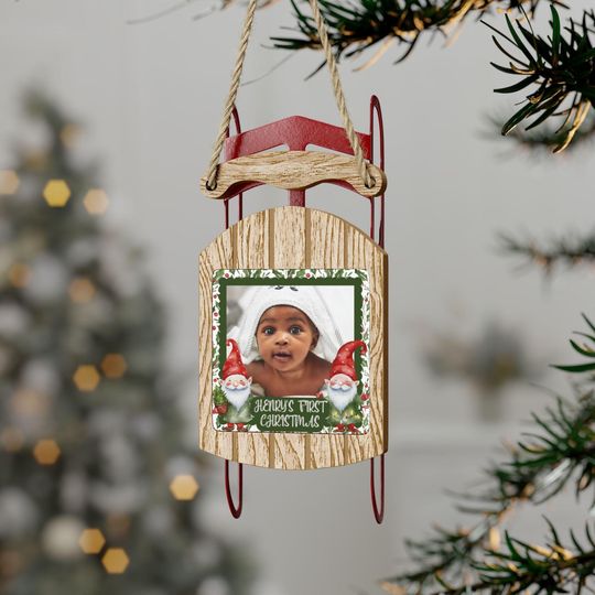 Discover Baby's First Christmas Personalized Photo Sled Ornament with Elves Gnomes, New Baby Gift