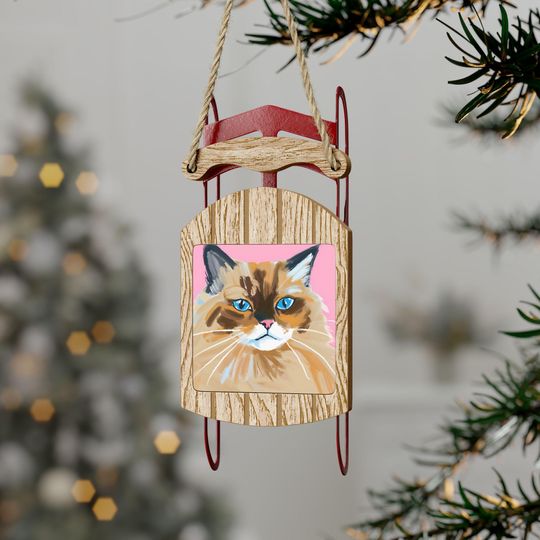 Discover Oil Paint Art, Himalayan Cat-Themed Sled Ornament, Unique Holiday Decor