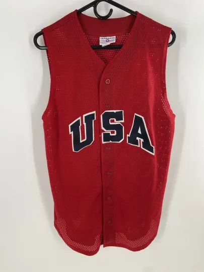 Discover Vintage USA Baseball Jersey Sleeveless #12 Button Jersey Size Large Red