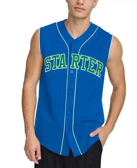 Discover Starter Logo Embroidered Sleeveless Baseball Jersey Men's L Royal Button Front
