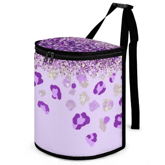 Discover Leak-Proof Travel Car Trash Bag, Waterproof Purple Glitter Pattern Cheetah Leopard Print Hanging Trash Bin with Zipper Closure for Car, SUV and Truck Seat Backs