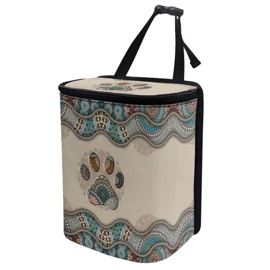 Discover Talayituse Boho Paws Print Car Trash Can with Lid, Leak Proof Auto Trash Bag Hanging Vehicle Garbage Can Multipurpose Storage Container for Back Seat Road Trip