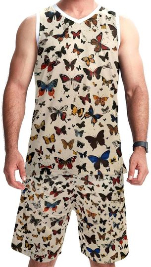 Discover Men’s Basketball Suit with Pockets Sportswear for Men Teenager Team Uniform Retro Butterflies Seamless Print -5XL