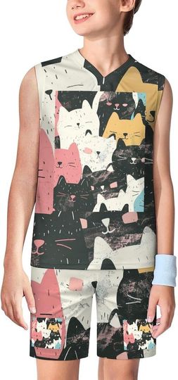 Discover Seamless Texture with Cat Heads and Paws, Pastel Colors, CuteChildren's Sports V Neck Sleeveless Basketball Suit