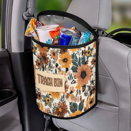 Discover Elegant Floral Car Trash Bin: Portable Auto Waste Container for Tidy Vehicle Interior Organization