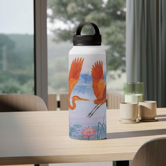 Discover Colorful Heron Water Bottle, Stainless Steel Flask with Handle Lid, Bird Lover Gift