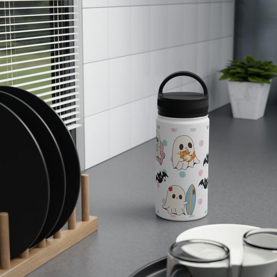 Discover Water Bottle, Cute Ghosts with Costumes, Pastel Polkadot Pattern
