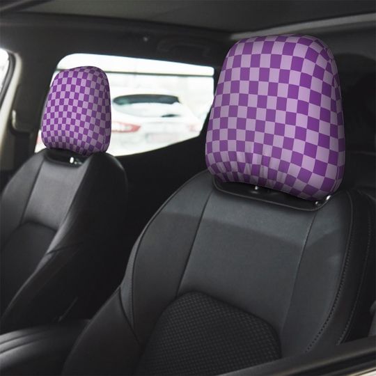 Discover Purple Checker Headrest Covers Set of 2, Racer Retro Girly Car Accessories, Car Seat Protector, Cute Car Decor, Gift for Her