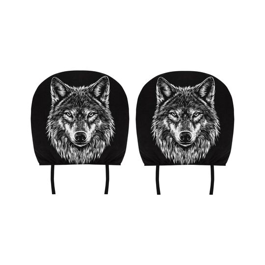 Discover Wolf Flag Car Seat Headrest Cover (2pcs), Animal Black White Print Truck Suv Van Vehicle Auto Decoration Protector New Car Gift