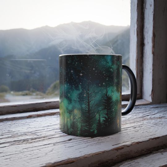 Discover Northern Lights Color Morphing Mug Woodland Forest Coffee Mug Starry Night