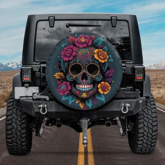 Discover Floral Skull Tire Cover, Backup Camera Hole Tire Cover,Retro Skull Tire Cover