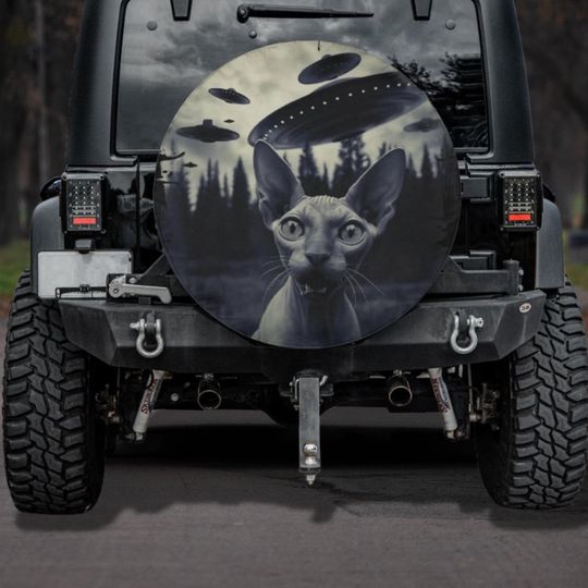 Discover Funny Cat UFO Tire Cover Alien Spaceship Spare Tire Cover