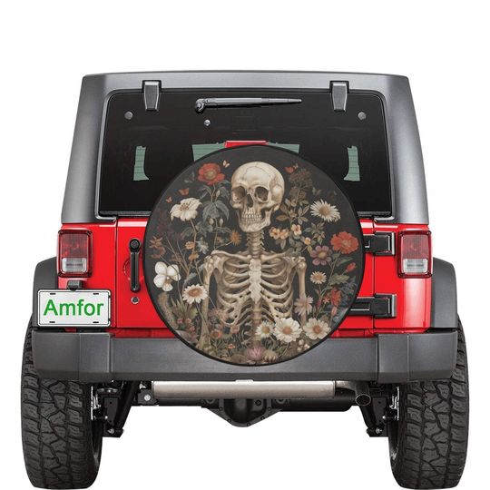 Discover Floral Skeleton Spare Tire Cover, Retro Flowers Skull Cottagecore Backup