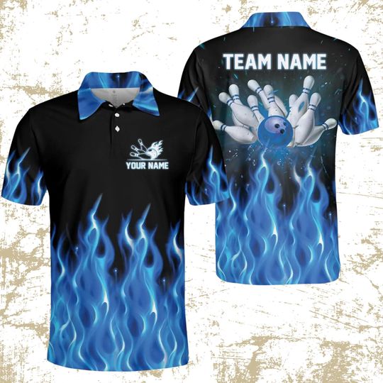 Discover Custom Bowling Team Polo  Blue Flame Jersey, Personalized Name & Team