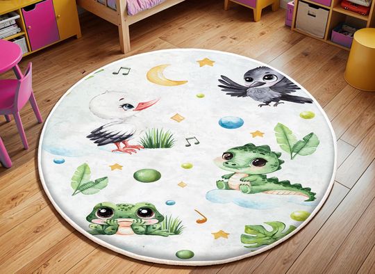 Discover Childrens Rug,Farm Nursery Rug,Circle Play Rug,Cute Safari Animals Rug