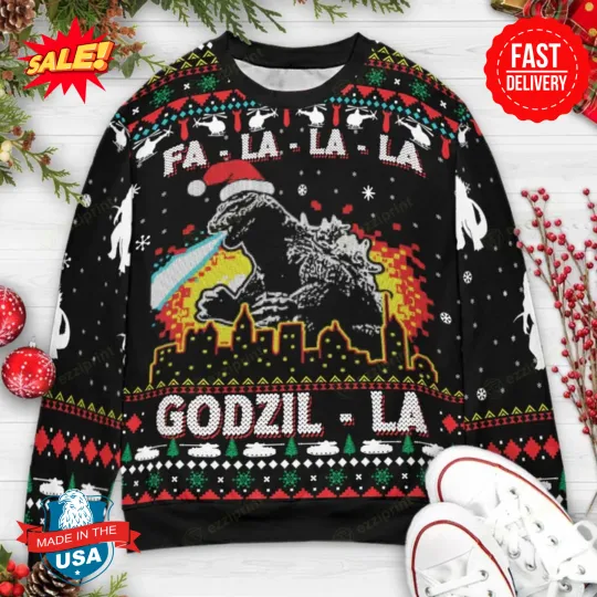 Discover Fa La La La Godzil-la god zilla Ugly Christmas Sweatshirt