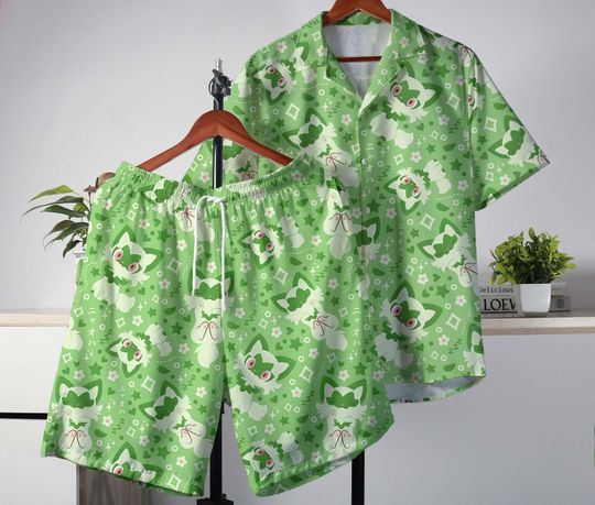 Discover Sprigatito Hawaiian Shirt, Cute Grass Cat Summer Outfit, Funny Tropical Button-Up, Matching Vacation Shirt and Shorts, Sprigatito Shirt Gift