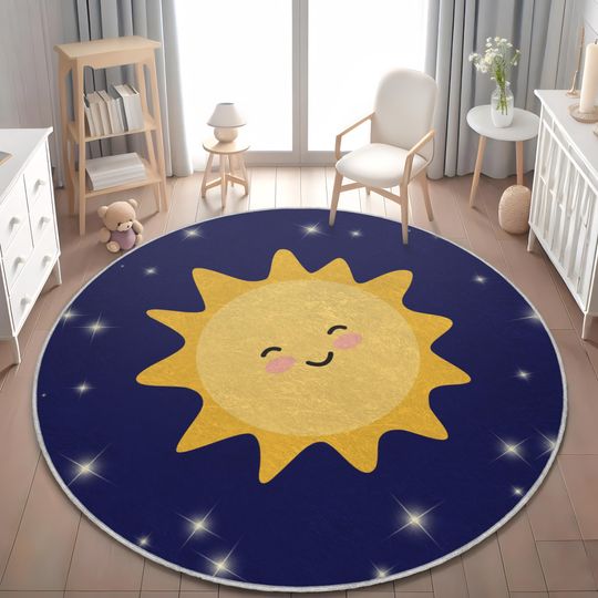 Discover Round Sun and Stars Nursery Rug - Celestial Baby Playroom and Kids Decor