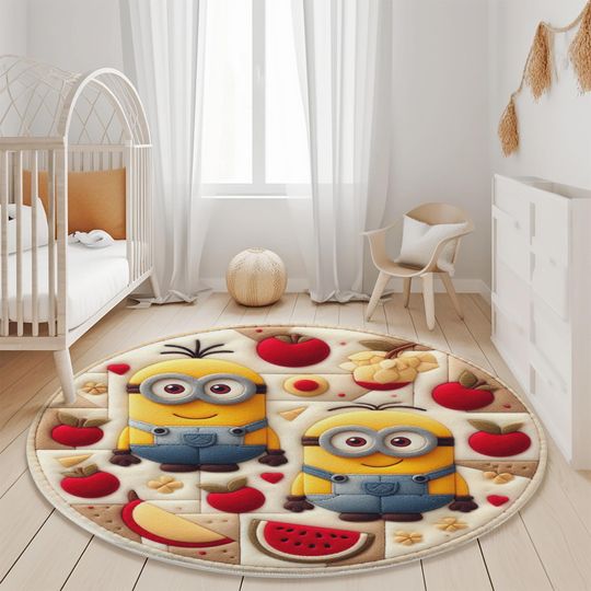 Discover Funny Cartoon Characters Round Rug - Playful Minions Nursery Rug - Newborn Baby Rug